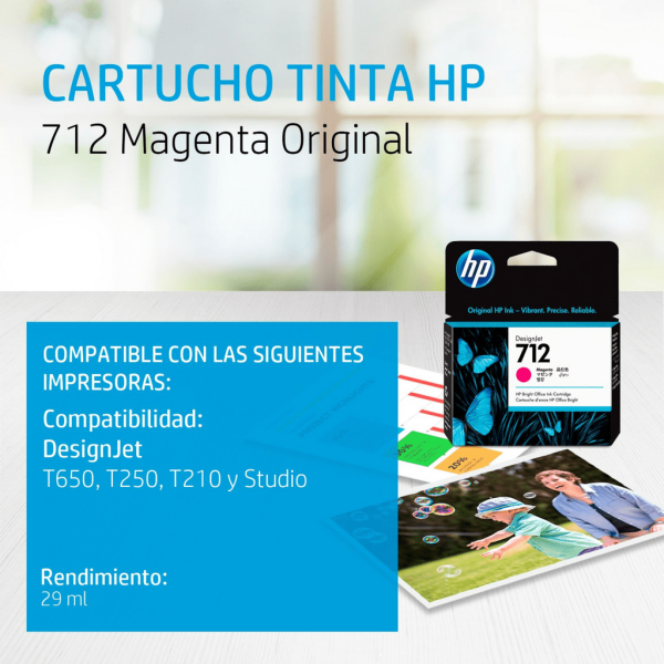Cartucho de tinta HP 712 Magenta (3ED68A) DesignJet T210/T250/T650 29ml