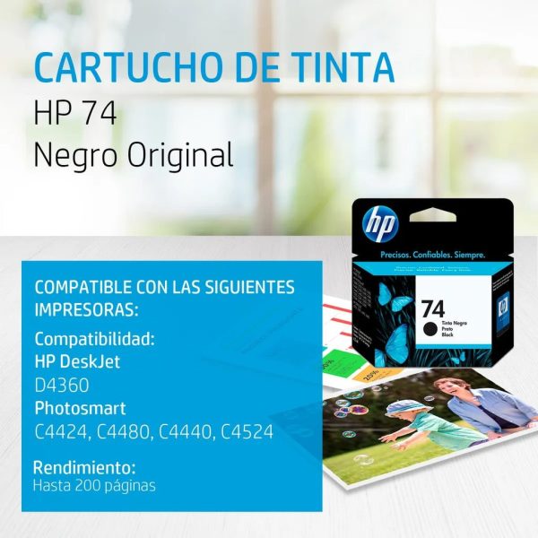 Cartucho de tinta HP 74 negra Original (CB335WL) Para HP Deskjet D4360, Photosmart C4424, C4480, C4440, C4524