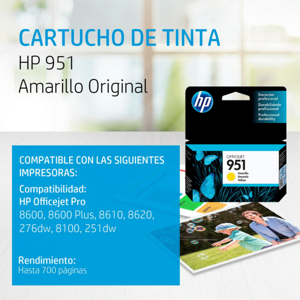 Cartucho de tinta HP 951 Yellow (CN052AL) Officejet 8100/8600 700 Pag.