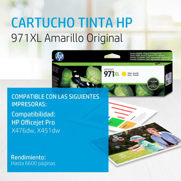 Cartucho de tinta HP 971XL Yellow (CN628AM) OfficeJet X476DW/X451DW 6600 Pag.